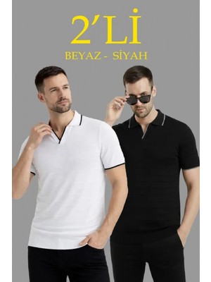 MiraLive Miray- Erkek 2’li Paket Triko Yakalı Düğmesiz Açık Yaka Fitilli Kısa Kollu Regular Fit Tişört - Beyaz - Siyah