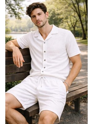 MiraLive Miray- Erkek Waffle Kumaş Kısa Kollu Gömlek Şort Takım Regular Fit Yazlık Ikili Set - Beyaz