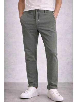 MiraLive Miray- Erkek Diagonel Mikro Dokulu Duble Paça Cepli Pantolon Bağcıklı Bel, Modern Kesim - Haki