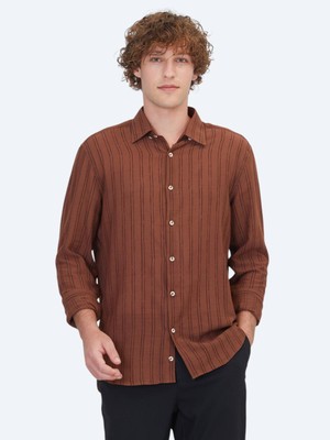 Kip Kahverengi Çizgili Regular Fit Dokuma Casual Pamuk Karışımlı Gömlek