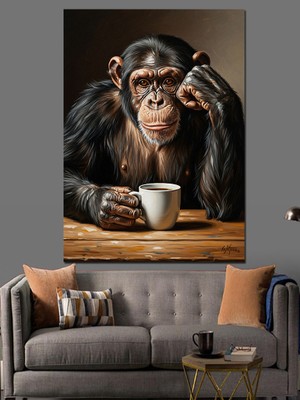 Artmeg Kahve Fincanı ve Düşünen Şempanze Dekoratif Kanvas - Mdf Ahşap Tablo