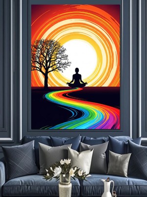 Artmeg Gökkuşağı Üzerinde Meditasyon Yapan Silüet Dekoratif Kanvas - Mdf Ahşap Tablo