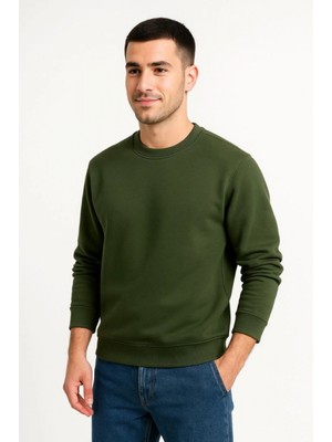 MiraLive Miray- Erkek Üç Iplik Düz Bisiklet Yaka Sweatshirt - Haki