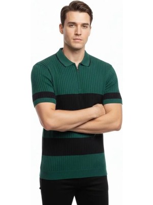 MiraLive Miray- Erkek T-Shirt Çizgili Triko Dokuma Kumaş Polo Yaka Yarım Fermuarlı Regular Kalıp Tişört - Çağla Yeşili