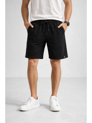 MiraLive Miray- Erkek Otoban Dokuma Şort Beli Lastikli Bağcıklı, Cepli, Rahat Kesim Günlük Yazlık Şort - Siyah