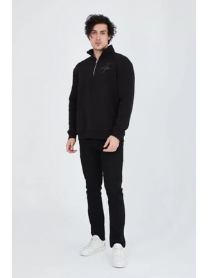 MiraLive Miray- Erkek Yarım Fermuarlı Baskılı Sweat - Siyah