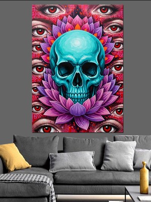 Artmeg Gözlerle Çevrili Mavi Kurukafa Sanatı Dekoratif Kanvas - Mdf Ahşap Tablo