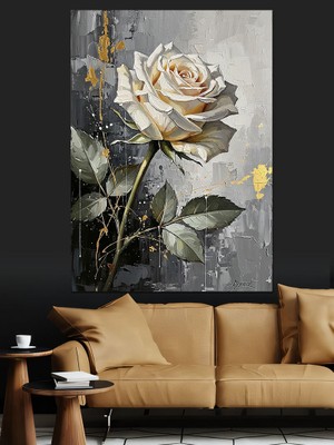 Artmeg Siyah Arkaplanda Tek Dal Beyaz Gül Dekoratif Kanvas - Mdf Ahşap Tablo