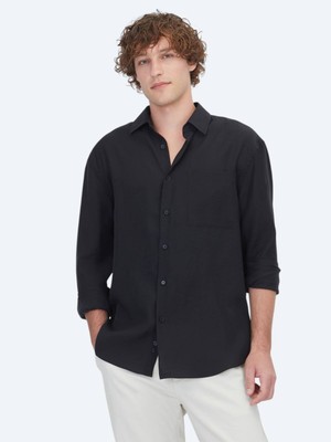 Kip Siyah Oversize Fit Dokuma Casual Gömlek