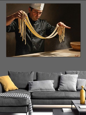 Artmeg Mutfakta Hamur Açan Italyan Aşçı Dekoratif Kanvas - Mdf Ahşap Tablo