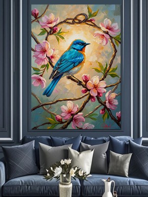 Artmeg Çiçekli Dalda Mavi Kuş Dekoratif Kanvas - Mdf Ahşap Tablo