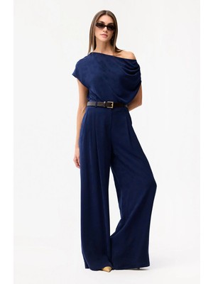 Love My Body Pileli Geniş Paça Pantolon Lacivert 153L9880000