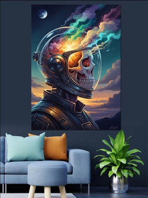 Artmeg Uzay Başlığında Iskelet Figürü Dekoratif Kanvas - Mdf Ahşap Tablo