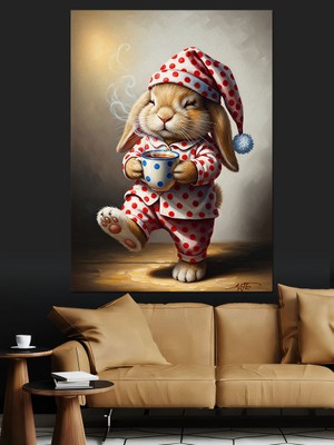 Artmeg Kahve Içen Uykucu Tavşan Karakteri Dekoratif Kanvas - Mdf Ahşap Tablo