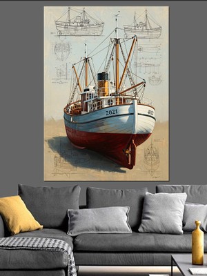 Artmeg Teknik Çizim Antik Gemi Dekoratif Kanvas - Mdf Ahşap Tablo