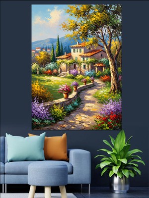 Artmeg Lavanta Tarlası ve Taş Ev Dekoratif Kanvas - Mdf Ahşap Tablo