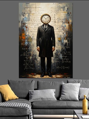 Artmeg Saat Kafalı Takım Elbiseli Dekoratif Kanvas - Mdf Ahşap Tablo