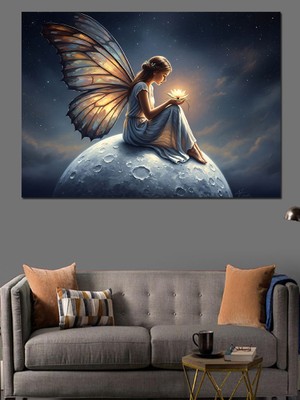 Artmeg Ay Üzerinde Oturan Işıltılı Peri Dekoratif Kanvas - Mdf Ahşap Tablo