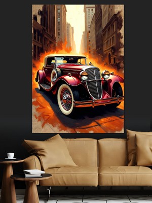 Artmeg Şehir Sokaklarında Klasik Antika Araba Dekoratif Kanvas - Mdf Ahşap Tablo