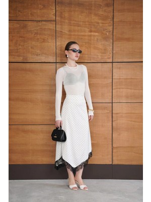 Cemo Kadın Puantiyeli Asimetrik Kesim Dantel Detaylı Midi Etek