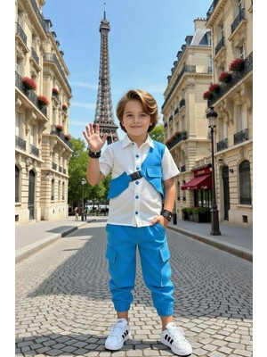 Riccotarz Erkek Çocuk Gabardin Gömlek ve Kemerli Yelek Kargo Cepli Pantolon Mavi Alt Üst Takım