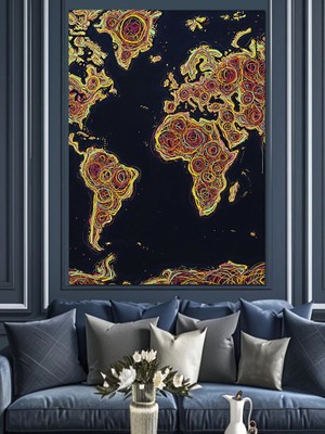 Artmeg Işıltılı Altın Renkli Dünya Haritası Dekoratif Kanvas - Mdf Ahşap Tablo