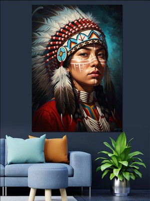 Artmeg Yerli Amerikalı Kadın Portre Sanatı Dekoratif Kanvas - Mdf Ahşap Tablo