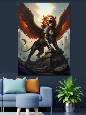 Artmeg Kanatlı Aslan Sfenks Heykeli Figürü Dekoratif Kanvas - Mdf Ahşap Tablo