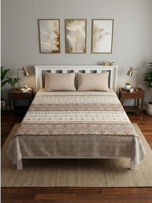 Tekstil Vagonu %100 Pamuk Pike Takımı 200X220 Çift Kişilik – Lastikli Çarşaflı (Çarşaf %80 Pamuk)-Bej Etnik