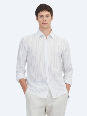 Kip Lacivert Çizgili Regular Fit Dokuma Casual Pamuk Karışımlı Gömlek