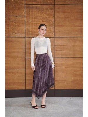 Cemo Kadın Puantiyeli Asimetrik Kesim Dantel Detaylı Midi Etek