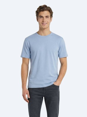 Kip Açık Mavi Düz %100 Pamuk T-Shirt