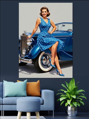 Artmeg Mavi Elbiseli Klasik Araba Kadın Dekoratif Kanvas - Mdf Ahşap Tablo