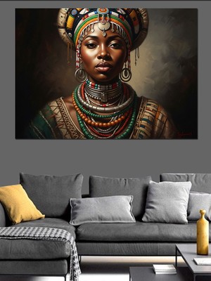 Artmeg Geleneksel Kıyafetli Afrikalı Kadın Portresi Dekoratif Kanvas - Mdf Ahşap Tablo