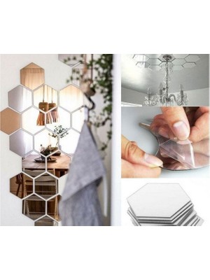 Practika 12 Adet Orta Boy Yapışkanlı Dekoratif Akrilik Ayna Altıgen