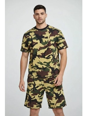 MiraLive Miray- Erkek Kamuflaj Desenli Tişört Şort Takım – Regular Fit Günlük Spor 2’li Yazlık Kombin - Kamuflaj