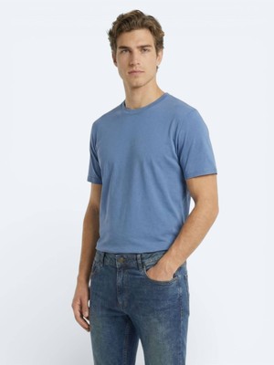Kip Indigo Düz %100 Pamuk T-Shirt