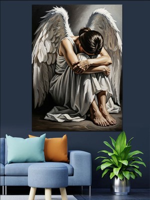 Artmeg Dizleri Üstüne Çökmüş Ağlayan Melek Dekoratif Kanvas - Mdf Ahşap Tablo