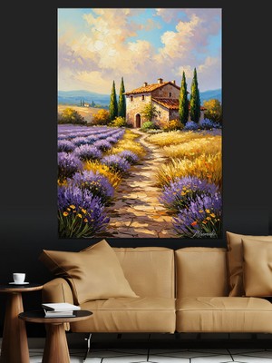 Artmeg Lavanta Tarlaları Içindeki Taş Ev Dekoratif Kanvas - Mdf Ahşap Tablo