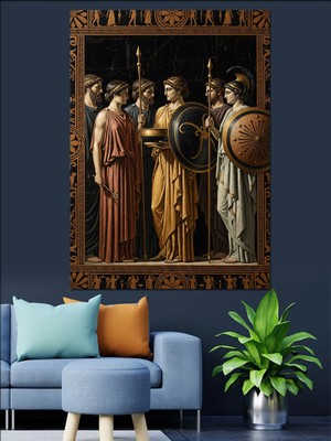 Artmeg Antik Yunan Roma Savaşçı Heykelleri Dekoratif Kanvas - Mdf Ahşap Tablo