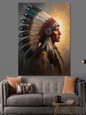 Artmeg Tüylü Başlığıyla Kızılderili Profil Portresi Dekoratif Kanvas - Mdf Ahşap Tablo