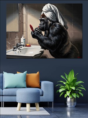 Artmeg Aynada Makyaj Yapan Goril Portresi Dekoratif Kanvas - Mdf Ahşap Tablo