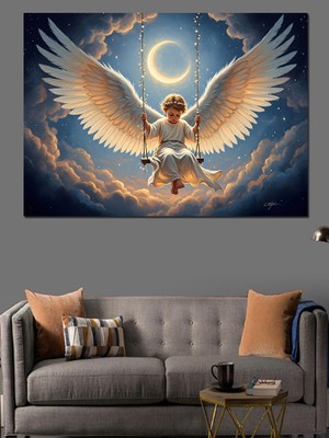 Artmeg Ay Salıncağında Oturan Kanatlı Melek Dekoratif Kanvas - Mdf Ahşap Tablo