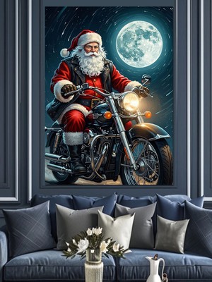 Artmeg Motosikletli Noel Baba Gece Yolculuğu Dekoratif Kanvas - Mdf Ahşap Tablo