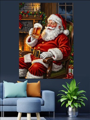 Artmeg Koltukta Içecek Içen Noel Baba Dekoratif Kanvas - Mdf Ahşap Tablo
