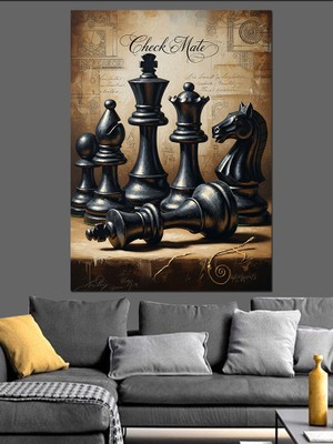 Artmeg Klasik Satranç Taşları Dizilimi Dekoratif Kanvas - Mdf Ahşap Tablo