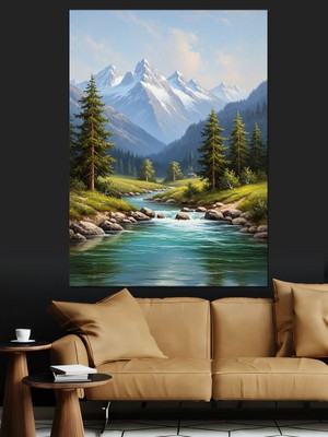 Artmeg Karlı Dağlar Arasından Akan Nehir Dekoratif Kanvas - Mdf Ahşap Tablo