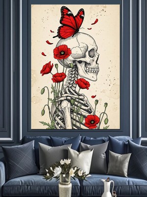 Artmeg Kelebekli Iskelet ve Çiçekler Dekoratif Kanvas - Mdf Ahşap Tablo