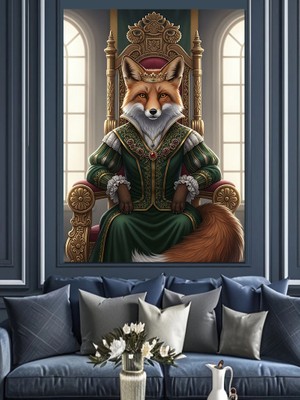 Artmeg Tahtta Oturan Tilki Kral Dekoratif Kanvas - Mdf Ahşap Tablo