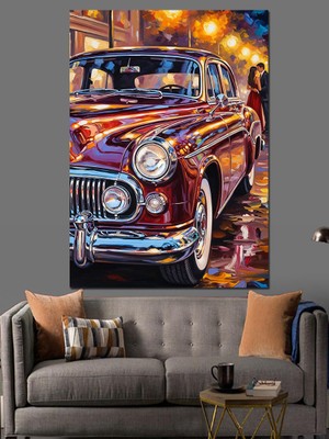 Artmeg Gece Işıklarında Klasik Retro Araba Dekoratif Kanvas - Mdf Ahşap Tablo